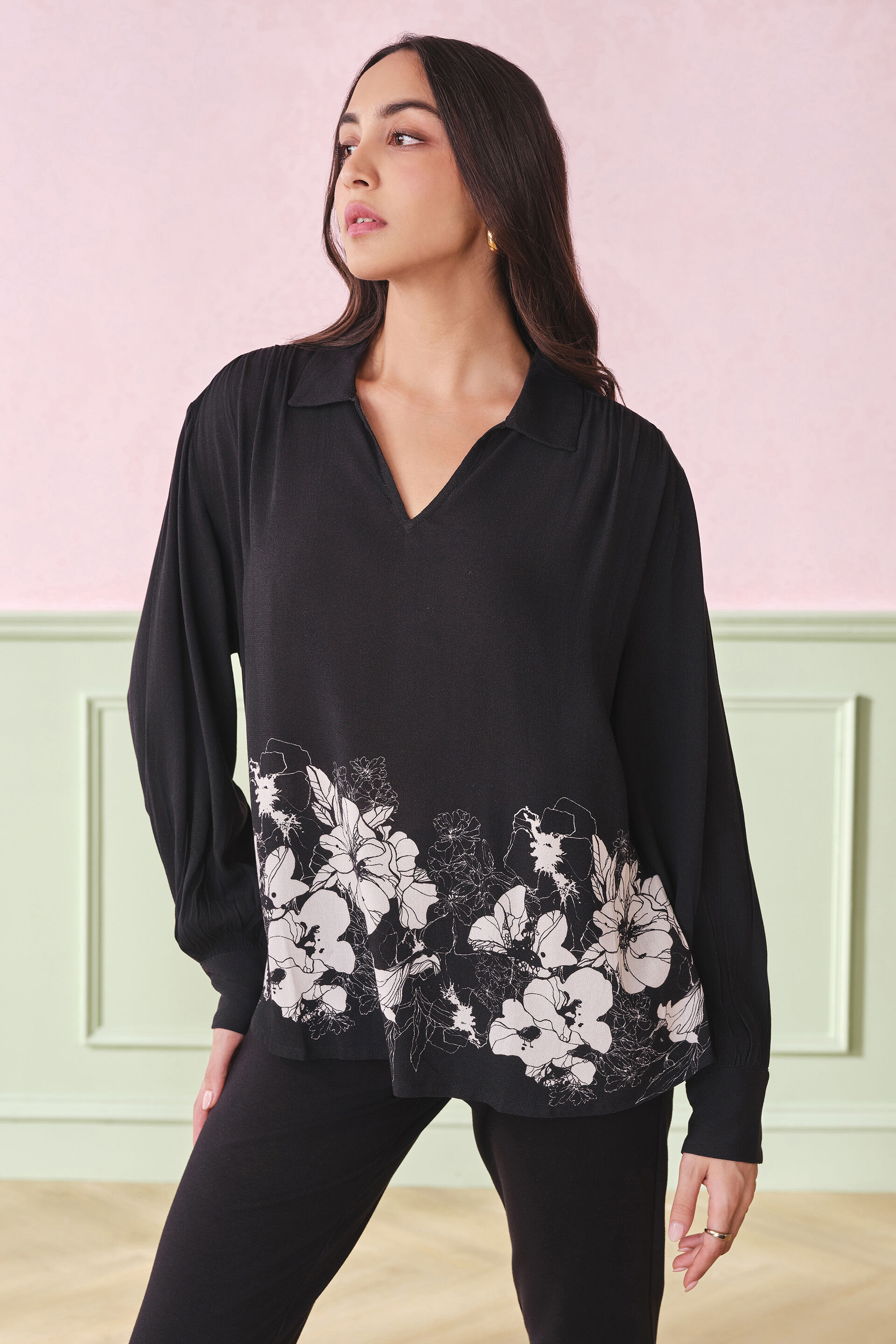Contrast Garden Viscose Top, Black, image 1